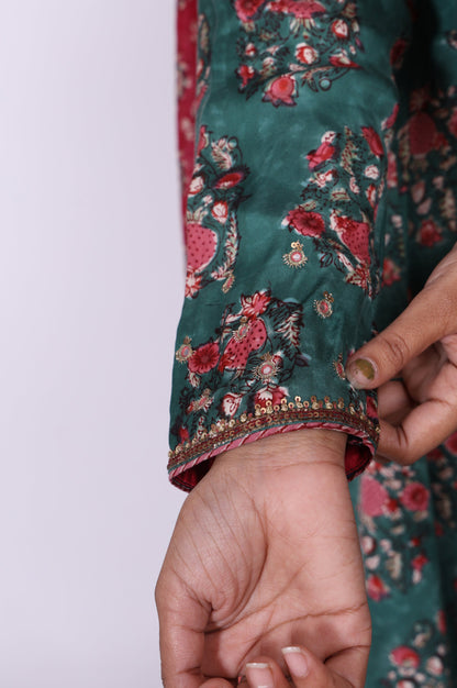 Green Floral Printed Satin Anarkali Kurta with Straight Pant and Dupatta Set