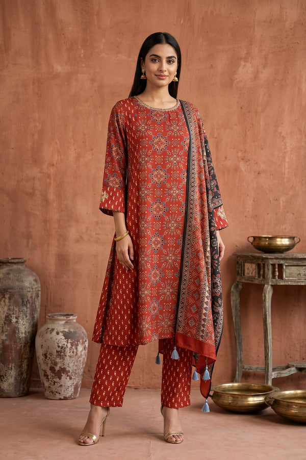 Rust Geometric Printed Modal Satin Straight Kurta With Pants and Dupatta Set