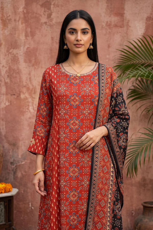 Rust Geometric Printed Modal Satin Straight Kurta With Pants and Dupatta Set
