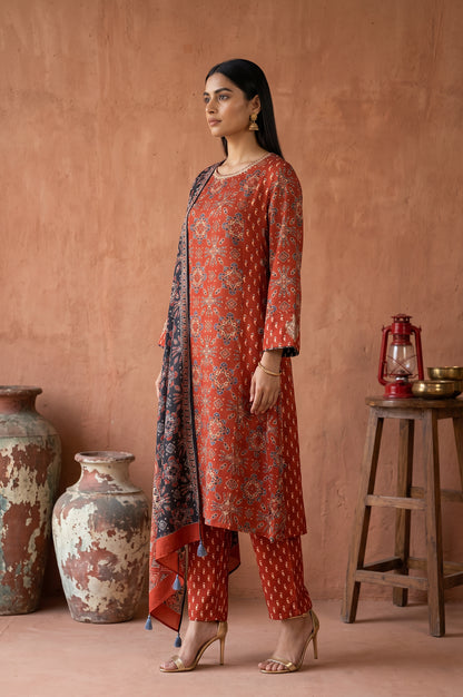 Rust Geometric Printed Modal Satin Straight Kurta With Pants and Dupatta Set