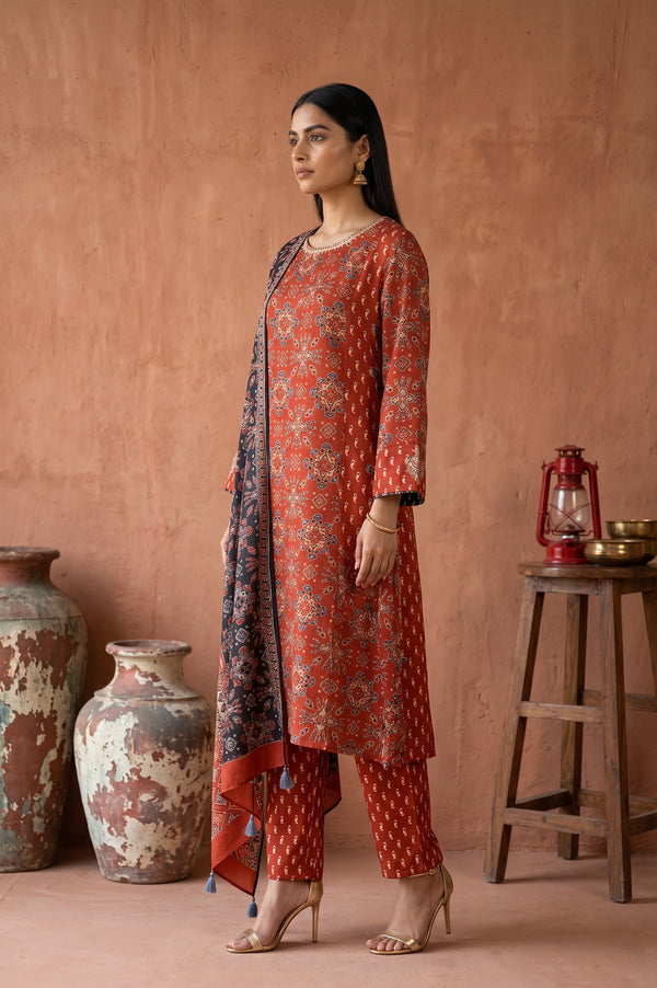 Rust Geometric Printed Modal Satin Straight Kurta With Pants and Dupatta Set