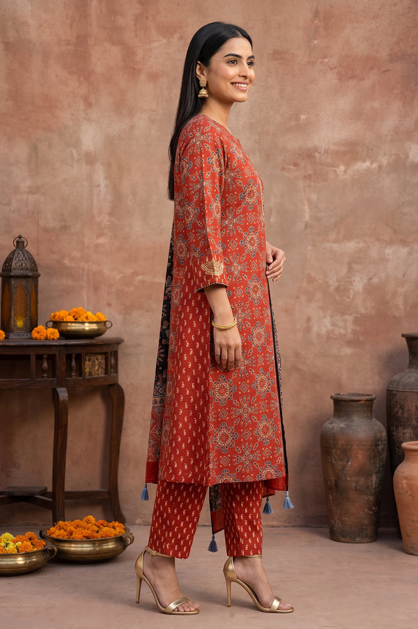 Rust Geometric Printed Modal Satin Straight Kurta With Pants and Dupatta Set