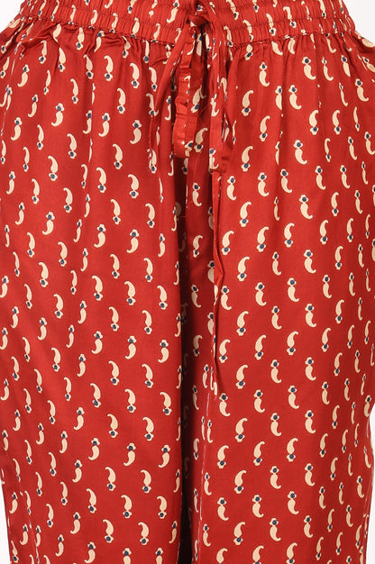 Rust Geometric Printed Modal Satin Straight Kurta With Pants and Dupatta Set