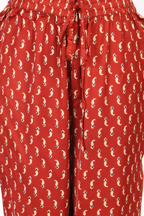Rust Geometric Printed Modal Satin Straight Kurta With Pants and Dupatta Set