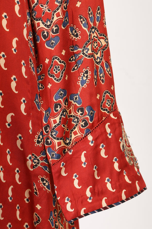 Rust Geometric Printed Modal Satin Straight Kurta With Pants and Dupatta Set
