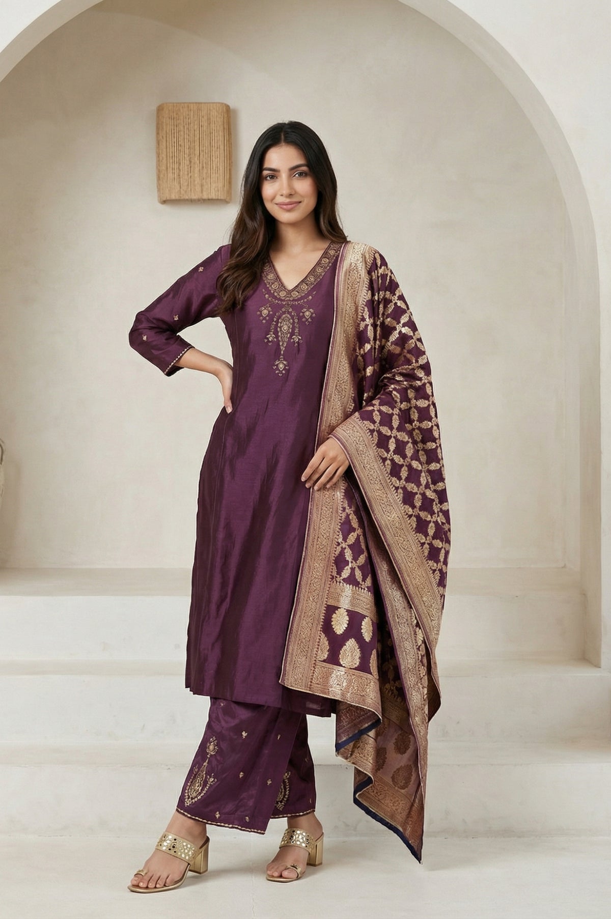 Purple Embroidered Zari Work Silk Blend Straight Kurta with Parallel Pants and Dupatta Set - S
