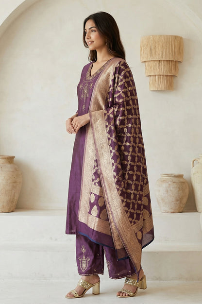 Purple Embroidered Zari Work Silk Blend Straight Kurta with Parallel Pants and Dupatta Set