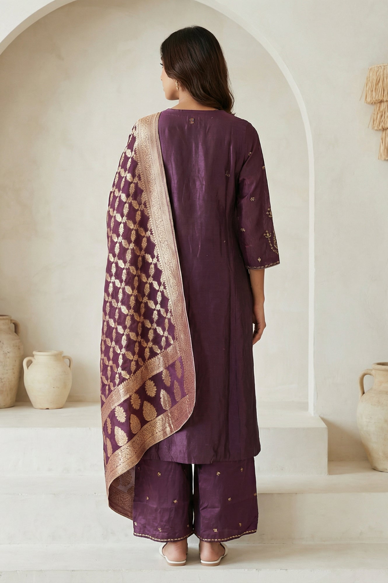 Purple Embroidered Zari Work Silk Blend Straight Kurta with Parallel Pants and Dupatta Set
