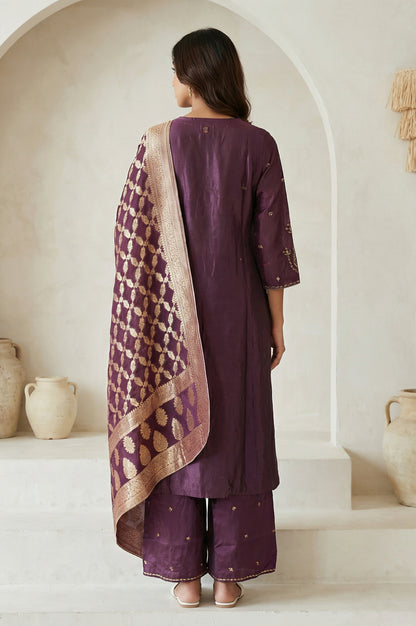 Purple Embroidered Zari Work Silk Blend Straight Kurta with Parallel Pants and Dupatta Set