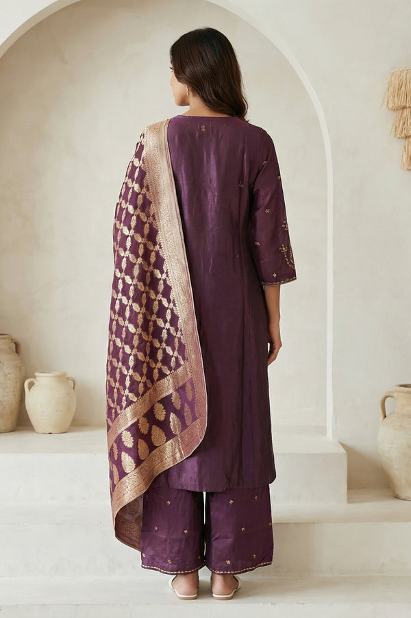 Purple Embroidered Zari Work Silk Blend Straight Kurta with Parallel Pants and Dupatta Set