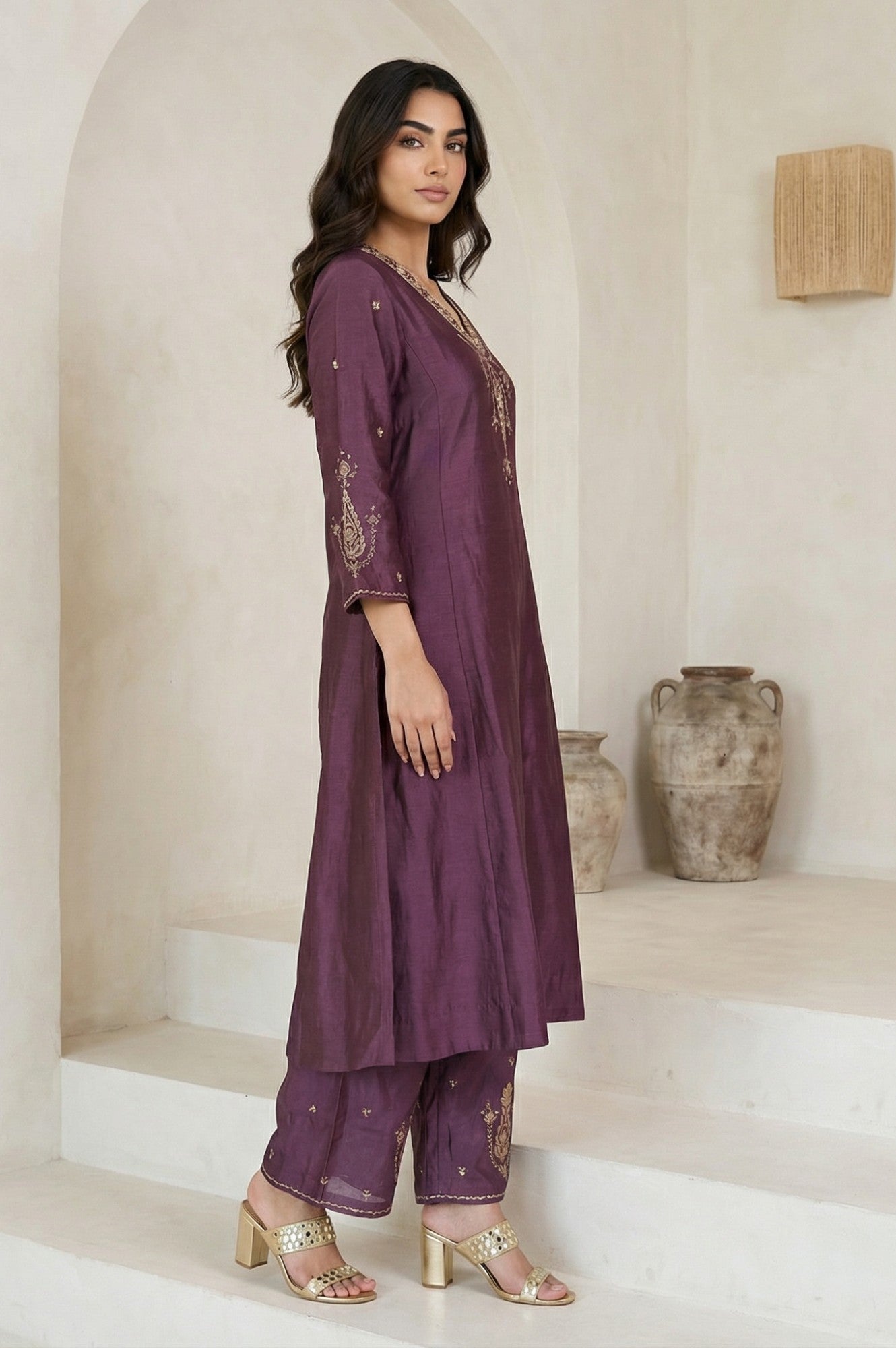 Purple Embroidered Zari Work Silk Blend Straight Kurta with Parallel Pants and Dupatta Set