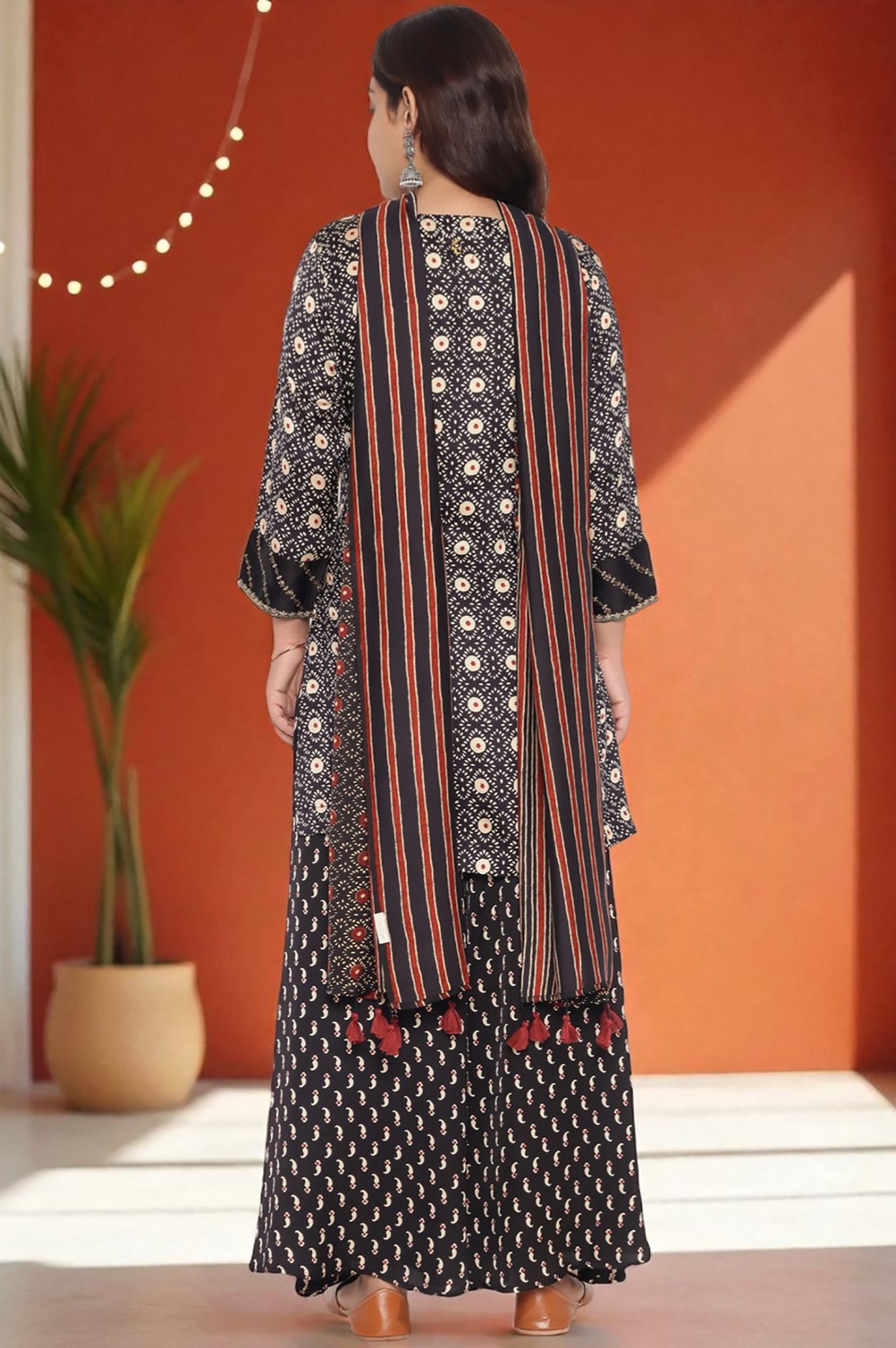 Black Printed Modal Satin Straight Kurta, Sharara and Dupatta Set