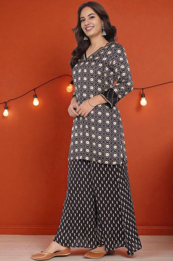 Black Printed Modal Satin Straight Kurta, Sharara and Dupatta Set