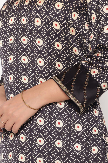 Black Printed Modal Satin Straight Kurta, Sharara and Dupatta Set