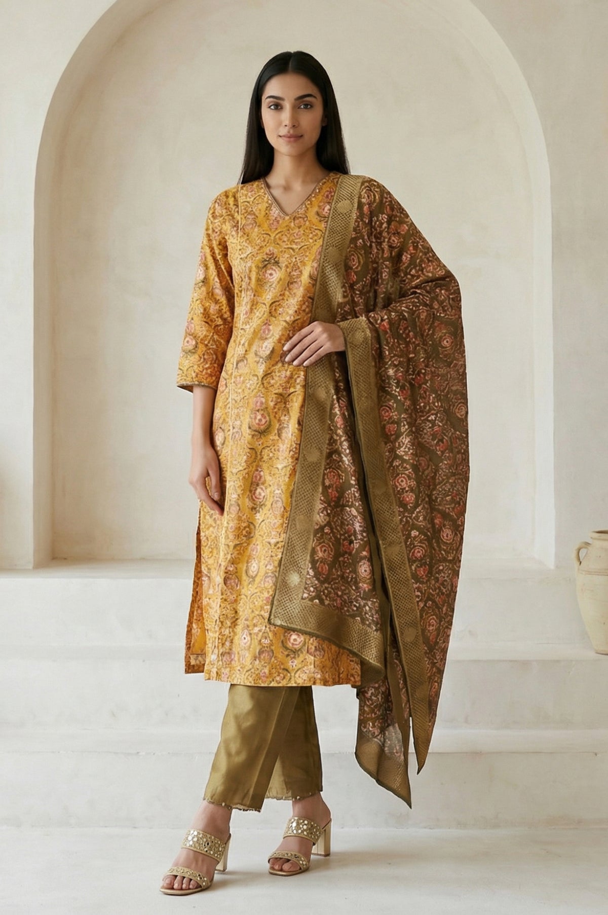 Yellow Floral Printed Zari Work Shantung Straight Kurta with Pants and Dupatta Set - M