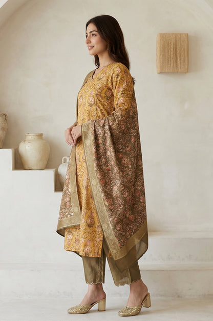 Yellow Floral Printed Zari Work Shantung Straight Kurta with Pants and Dupatta Set