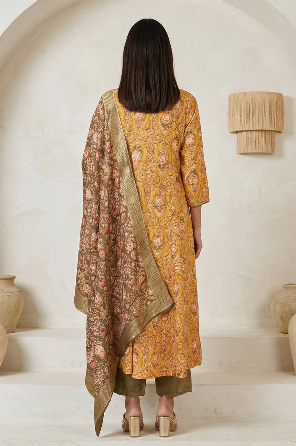 Yellow Floral Printed Zari Work Shantung Straight Kurta with Pants and Dupatta Set
