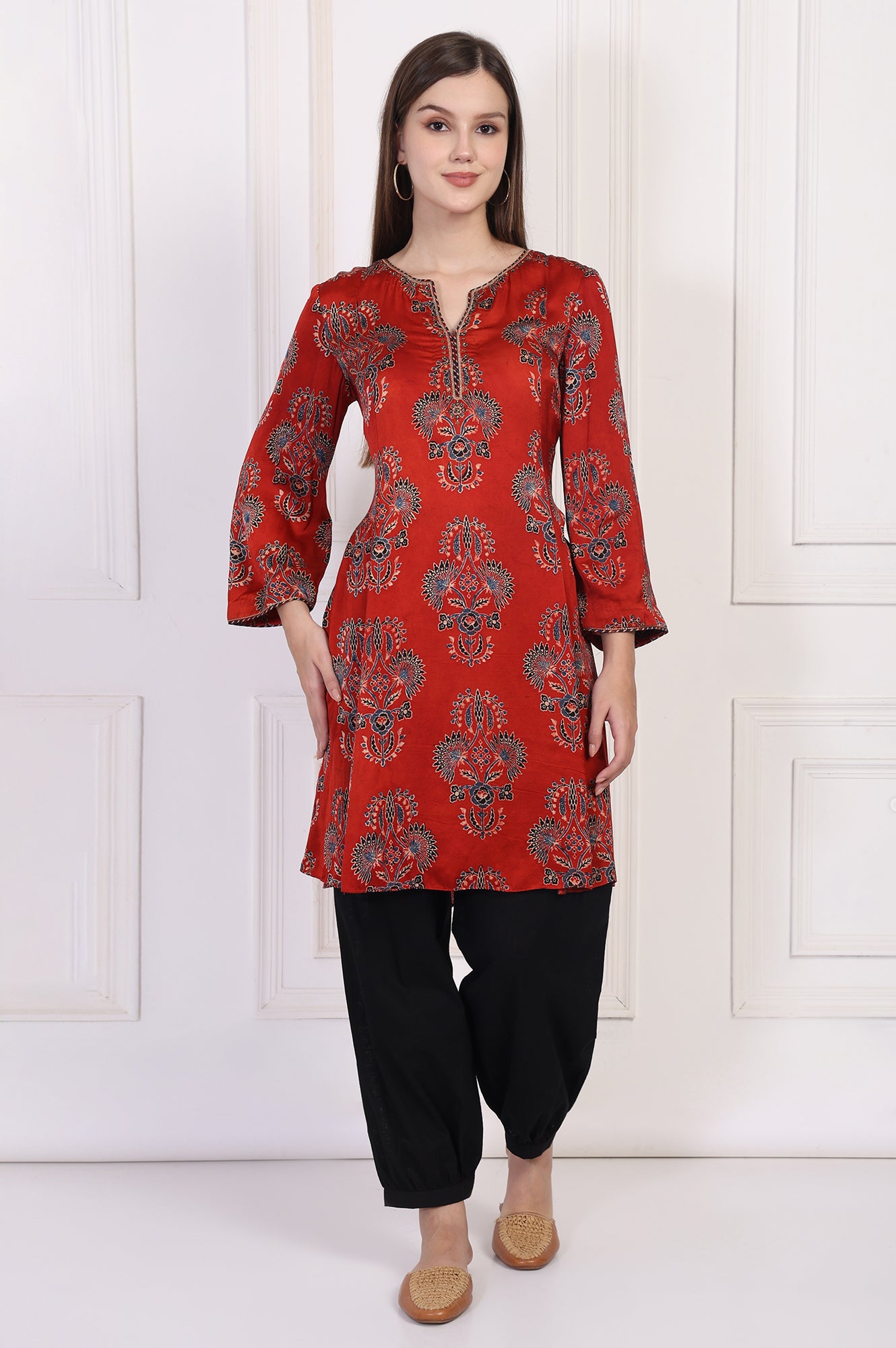 Red Ethnic Motifs Printed Embroidered A-Line Satin Kurta with Sharara and Dupatta Set