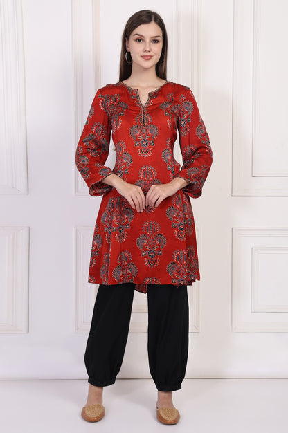 Red Ethnic Motifs Printed Embroidered A-Line Satin Kurta with Sharara and Dupatta Set
