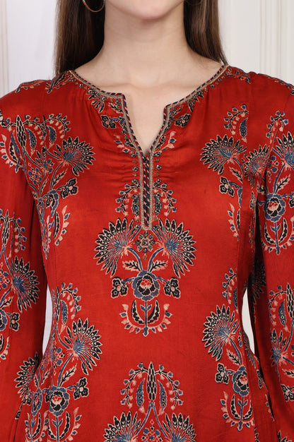 Red Ethnic Motifs Printed Embroidered A-Line Satin Kurta with Sharara and Dupatta Set