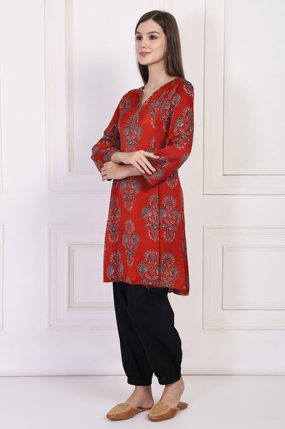 Red Ethnic Motifs Printed Embroidered A-Line Satin Kurta with Sharara and Dupatta Set