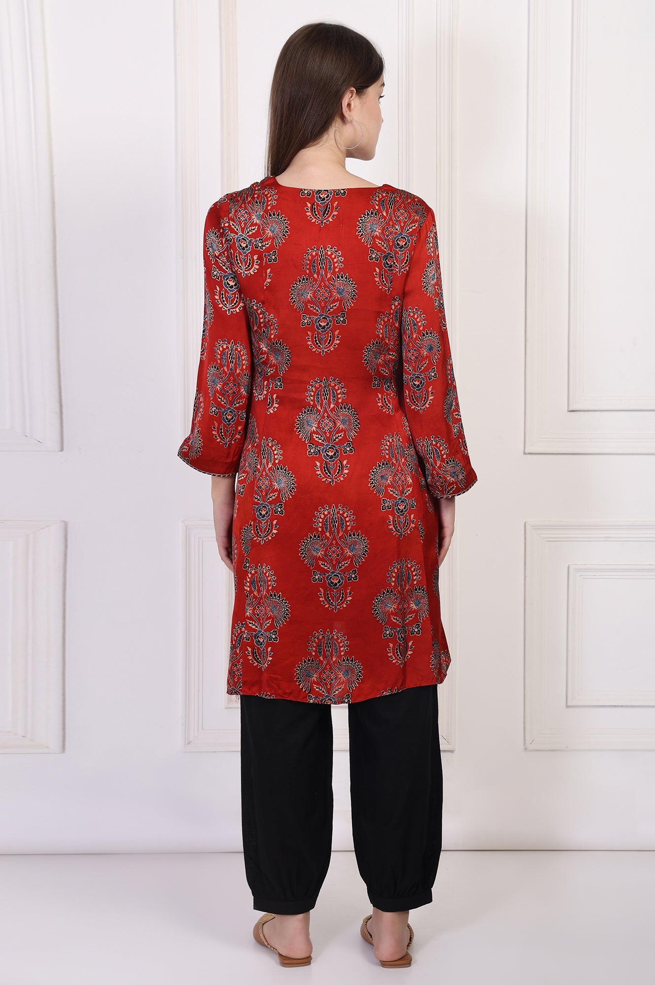 Red Ethnic Motifs Printed Embroidered A-Line Satin Kurta sharara set for women