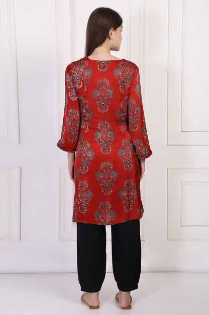 Red Ethnic Motifs Printed Embroidered A-Line Satin Kurta with Sharara and Dupatta Set