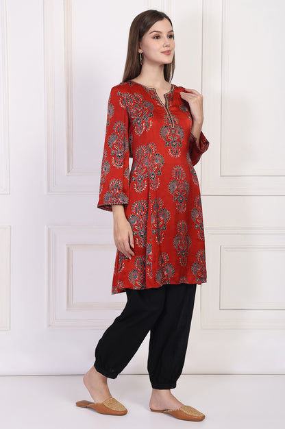 Red Ethnic Motifs Printed Embroidered A-Line Satin Kurta with Sharara and Dupatta Set