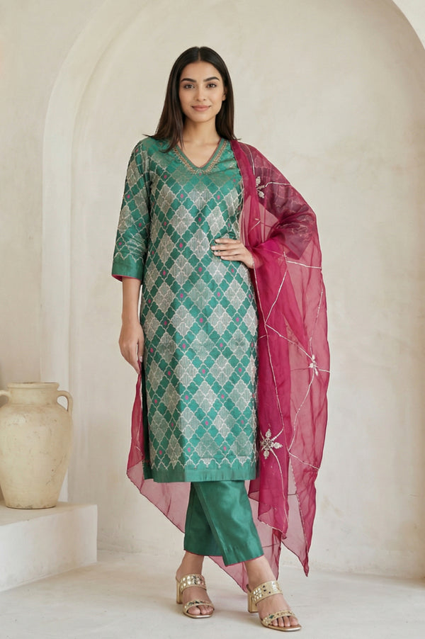 Green Geometric Printed Zari Work Jacquard Straight Kurta with Pants and Dupatta Set