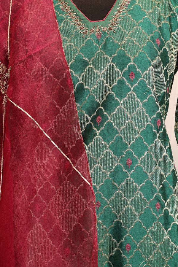 Green Geometric Printed Zari Work Jacquard Straight Kurta with Pants and Dupatta Set