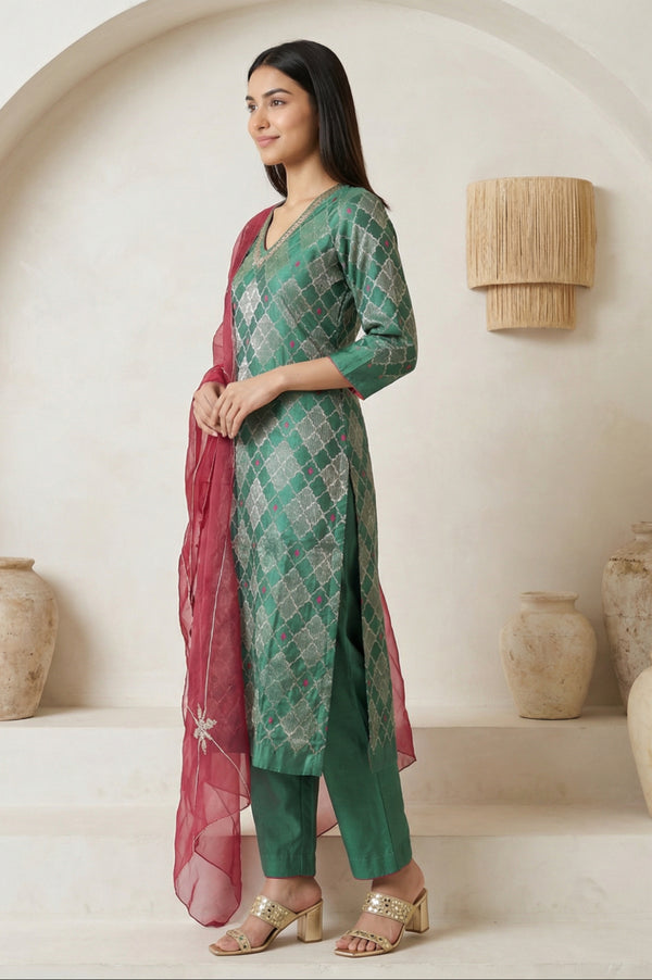 Green Geometric Printed Zari Work Jacquard Straight Kurta with Pants and Dupatta Set
