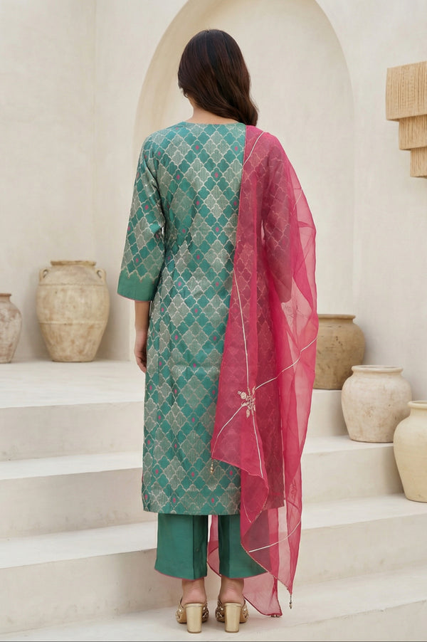 Green Geometric Printed Zari Work Jacquard Straight Kurta with Pants and Dupatta Set