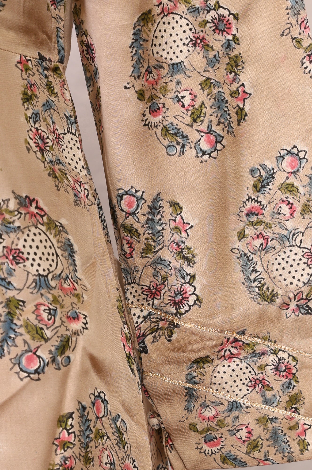 Beige Floral Printed Satin A-line Kurta with Parallel Pants and Dupatta Set