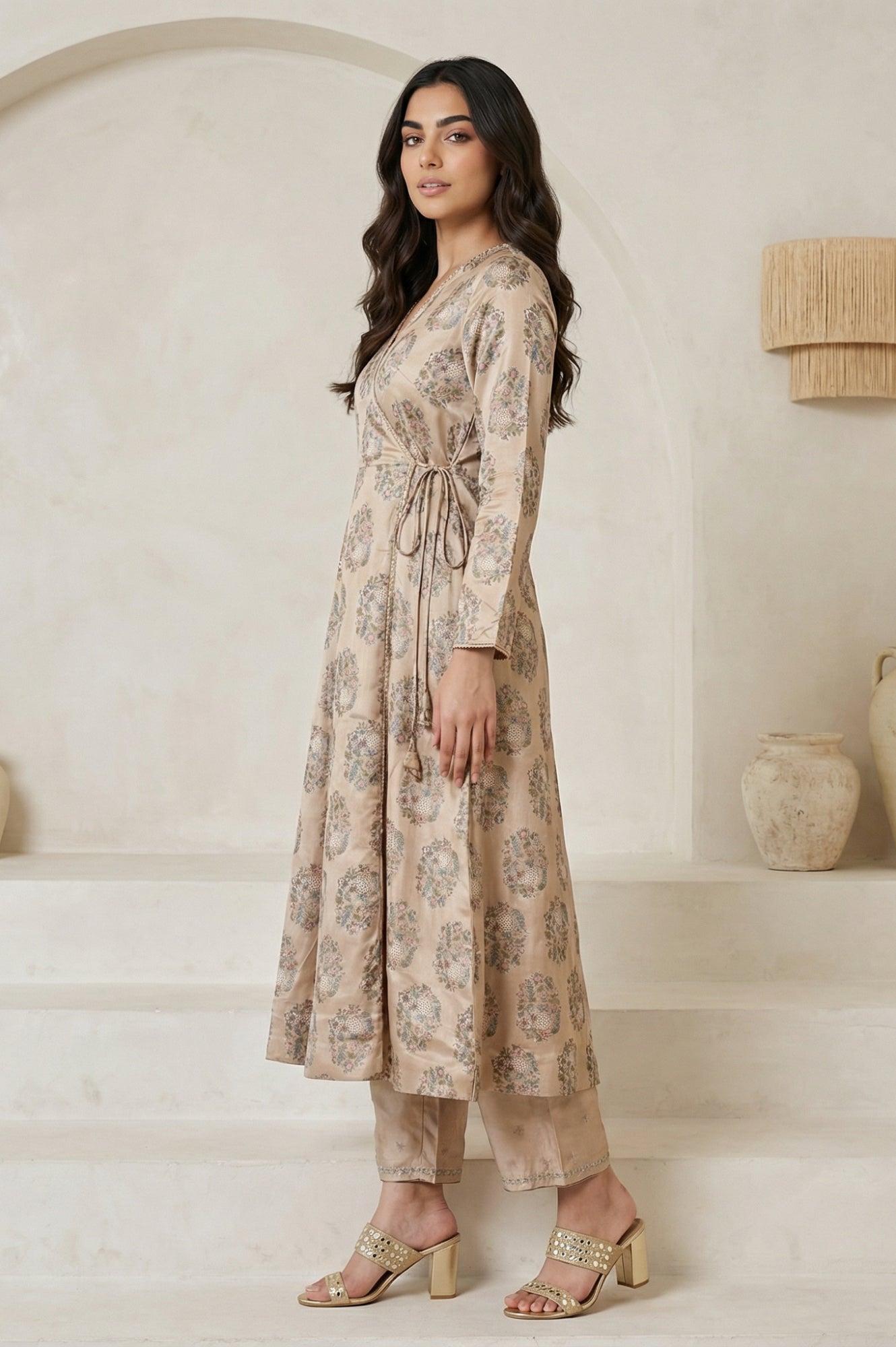 Beige Floral Printed Satin A-line Kurta with Parallel Pants and Dupatta Set