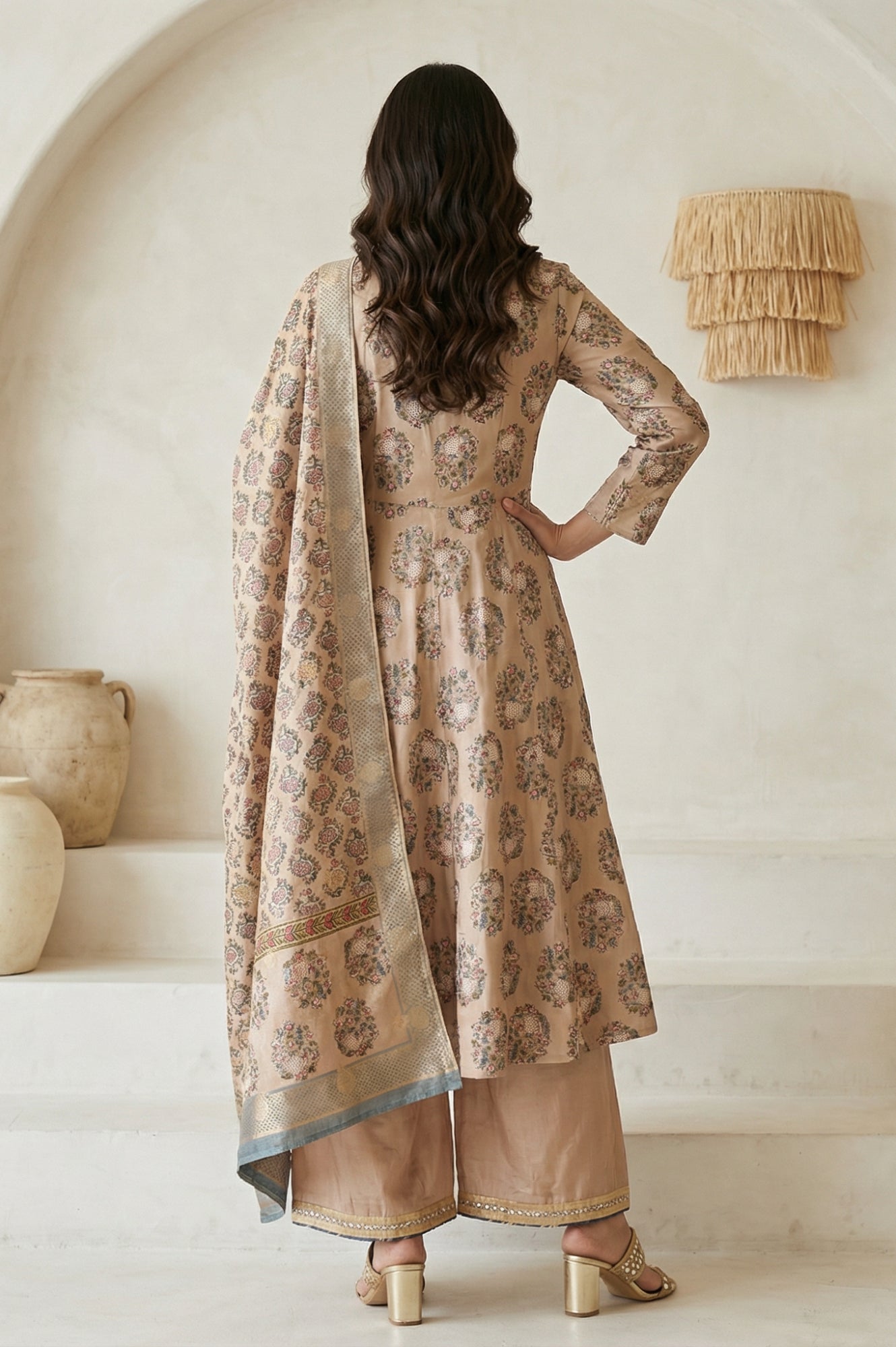 Beige Floral Printed Satin A-line Kurta with Parallel Pants and Dupatta Set