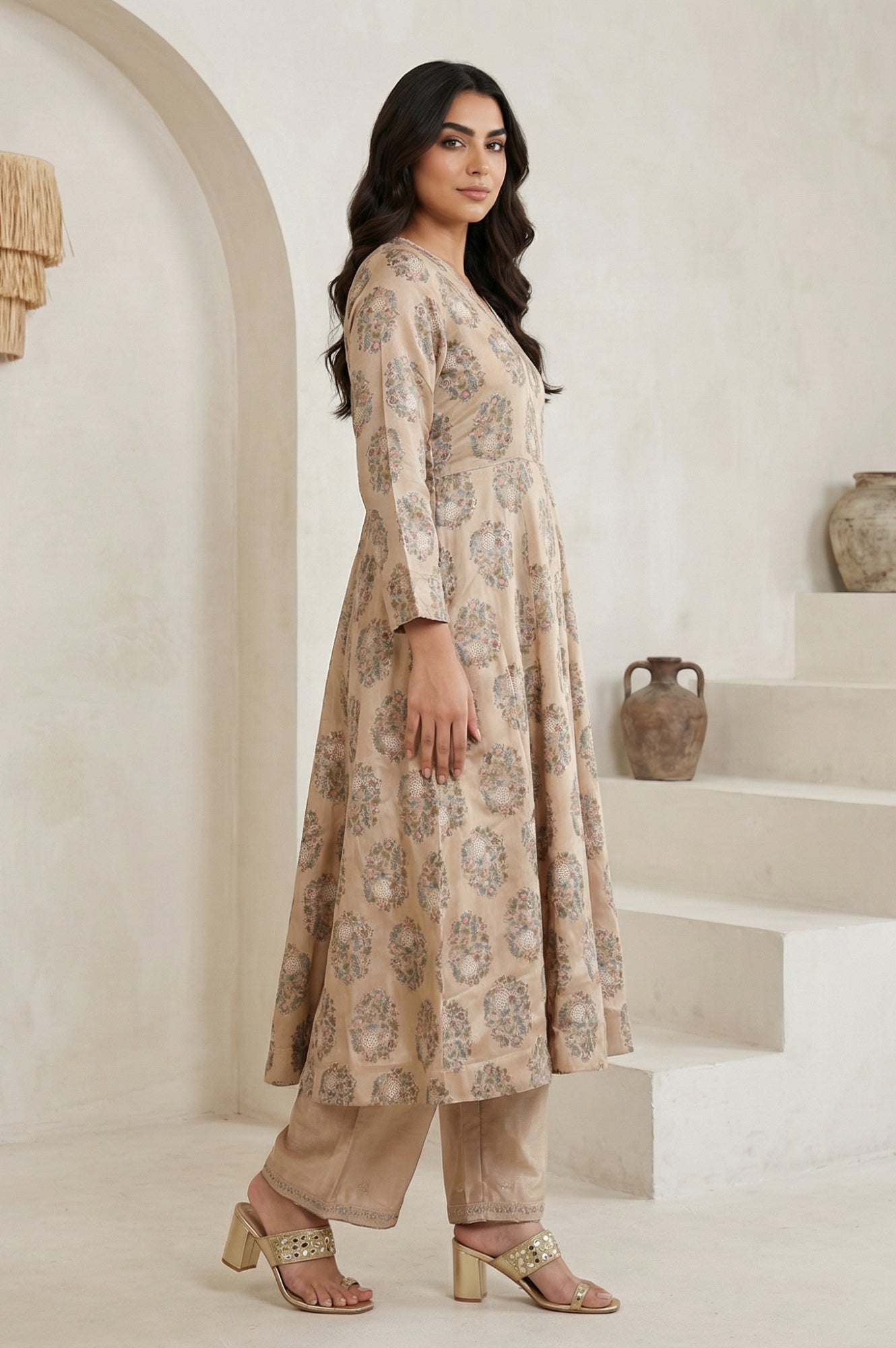 Beige Floral Printed Satin A-line Kurta with Parallel Pants and Dupatta Set