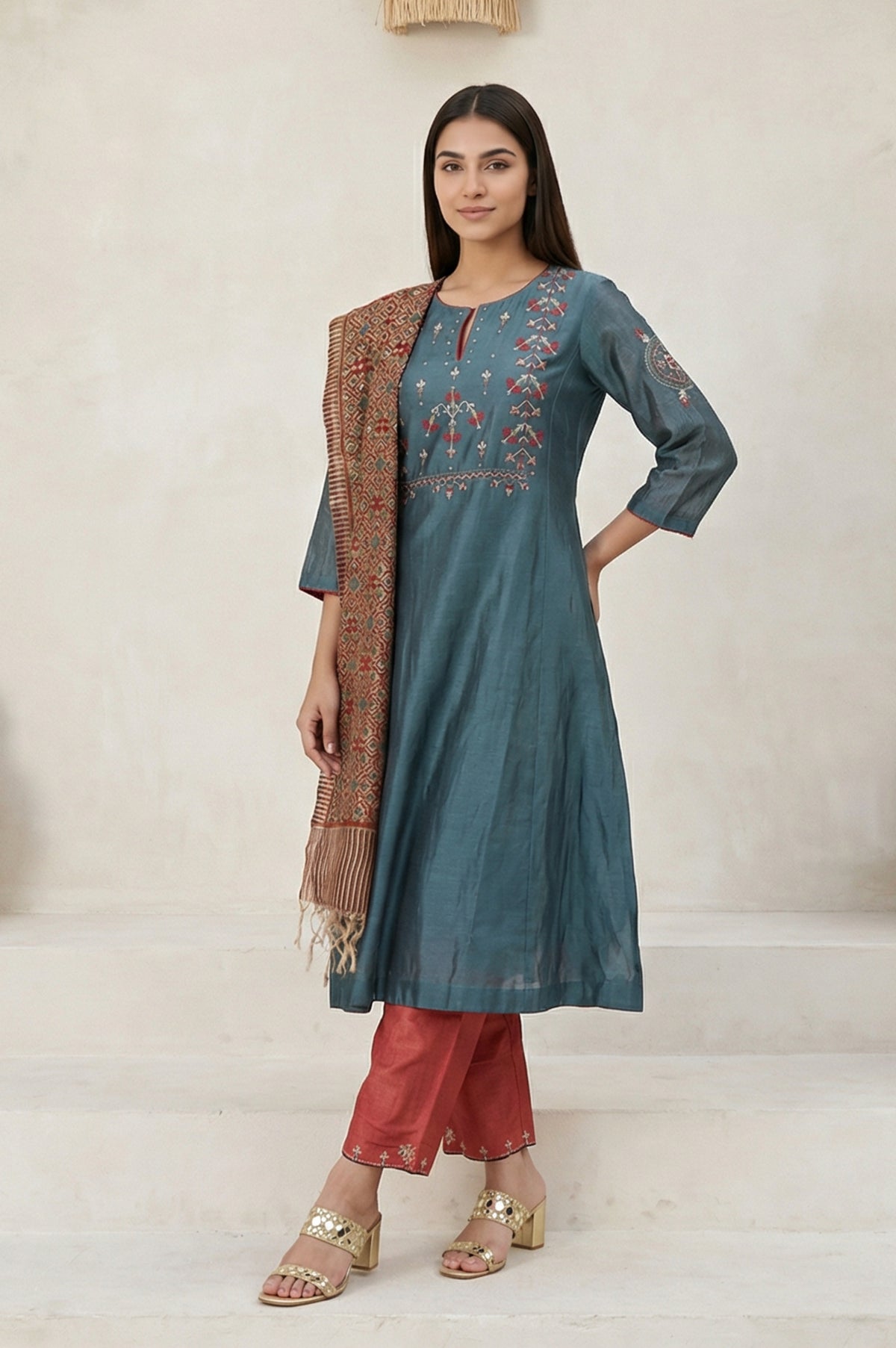 Teal Embroidered Silk Blend A-line Kurta with Straight Pants and Dupatta Set - S