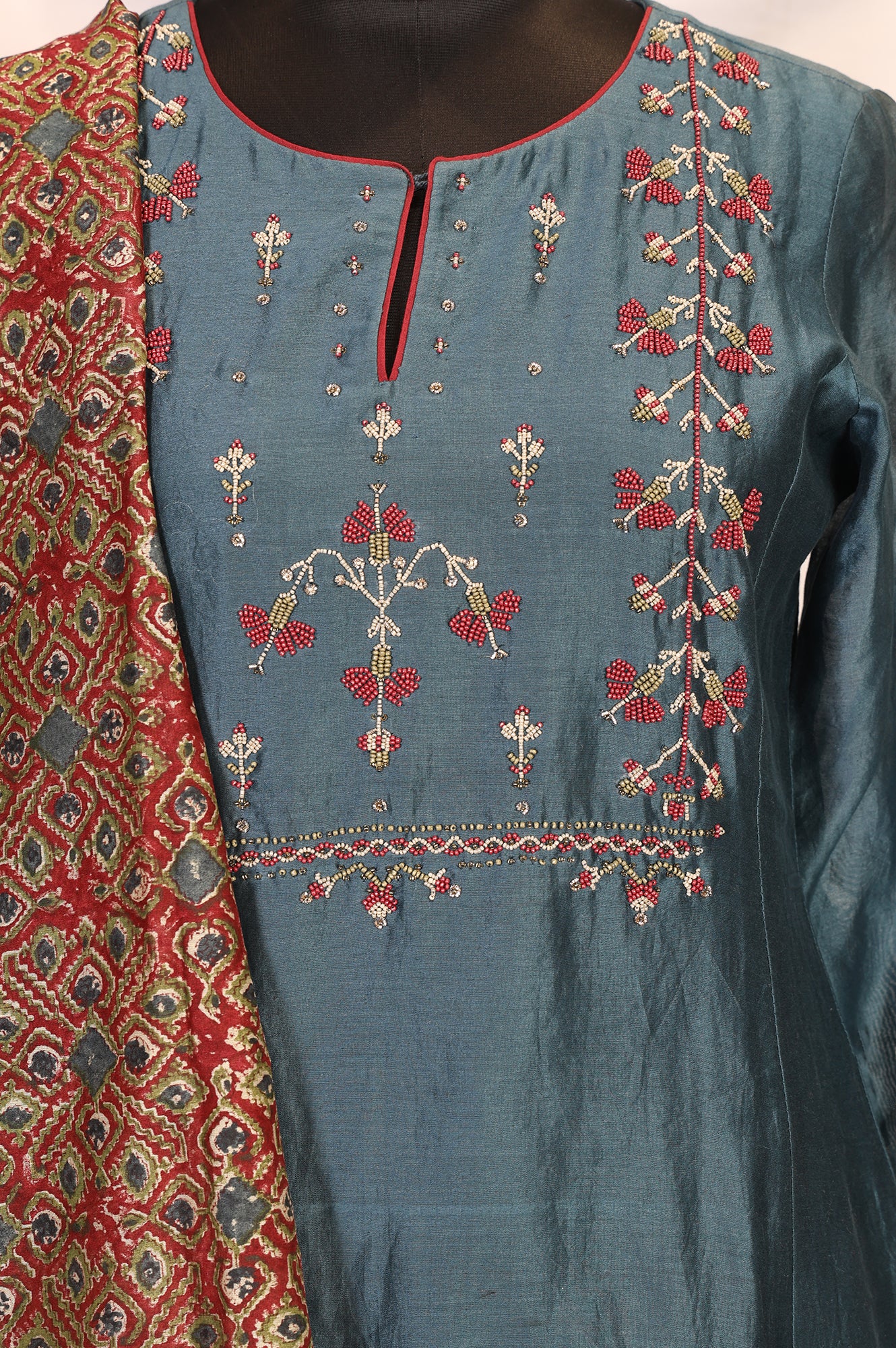 Teal Embroidered Silk Blend A-line Kurta with Straight Pants and Dupatta Set