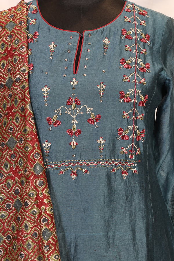 Teal Embroidered Silk Blend A-line Kurta with Straight Pants and Dupatta Set