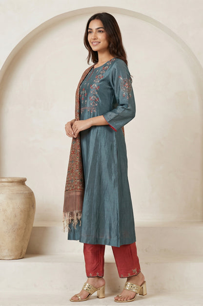 Teal Embroidered Silk Blend A-line Kurta with Straight Pants and Dupatta Set
