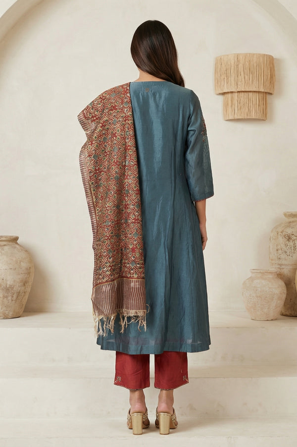 Teal Embroidered Silk Blend A-line Kurta with Straight Pants and Dupatta Set