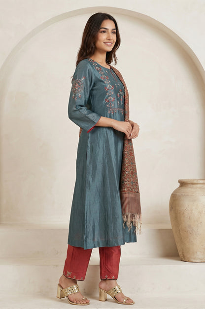 Teal Embroidered Silk Blend A-line Kurta with Straight Pants and Dupatta Set