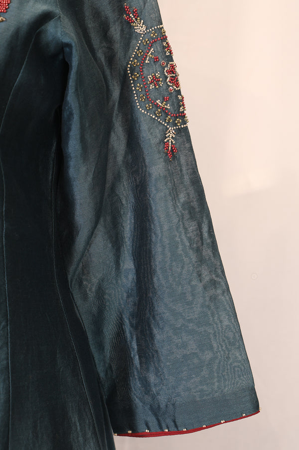 Teal Embroidered Silk Blend A-line Kurta with Straight Pants and Dupatta Set