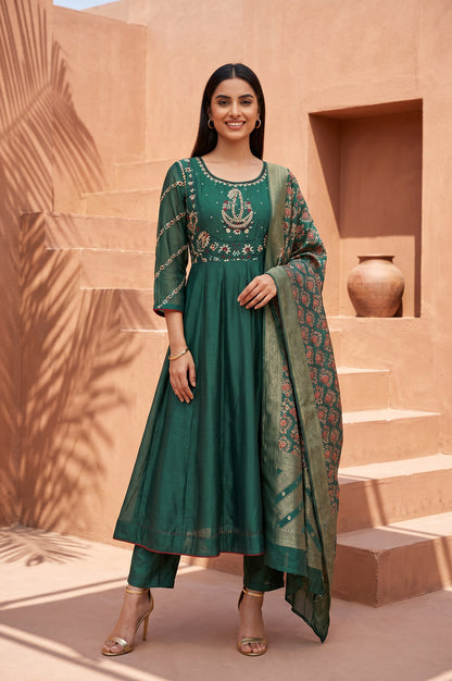 Green Thread Embroidered Cotton Silk Flared Kurta With Pants and Dupatta Set