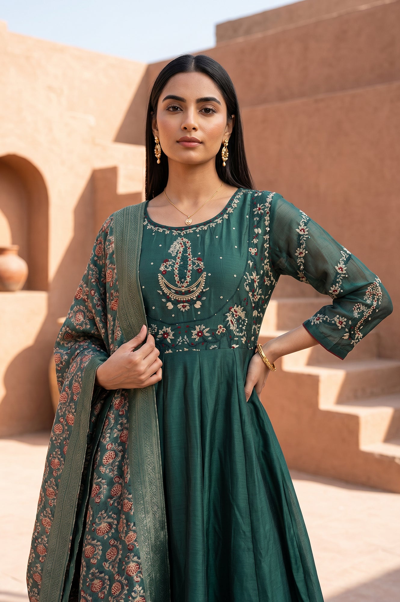 Green Thread Embroidered Cotton Silk Flared Kurta With Pants and Dupatta Set