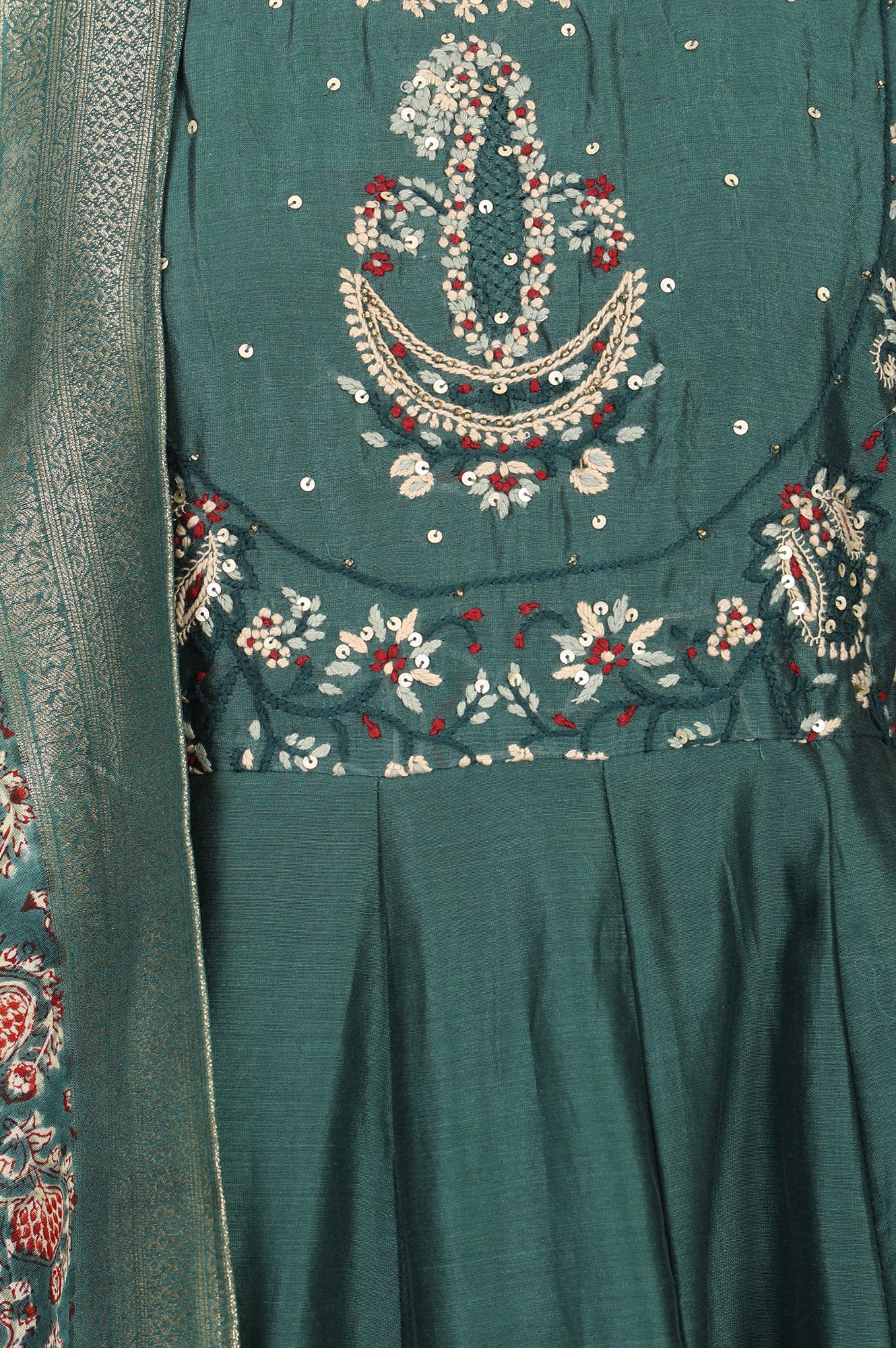 Green Thread Embroidered Cotton Silk Flared Kurta With Pants and Dupatta Set