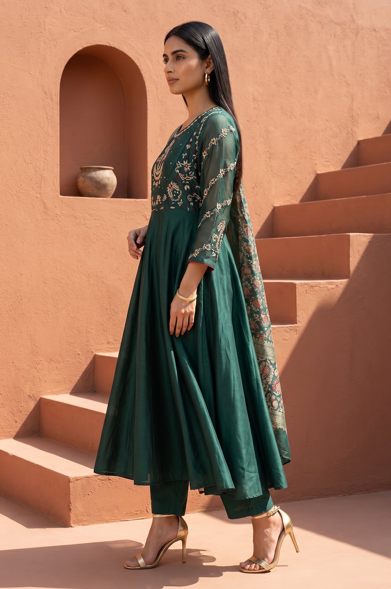 Green Thread Embroidered Cotton Silk Flared Kurta With Pants and Dupatta Set