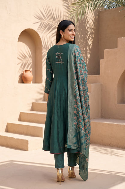 Green Thread Embroidered Cotton Silk Flared Kurta With Pants and Dupatta Set