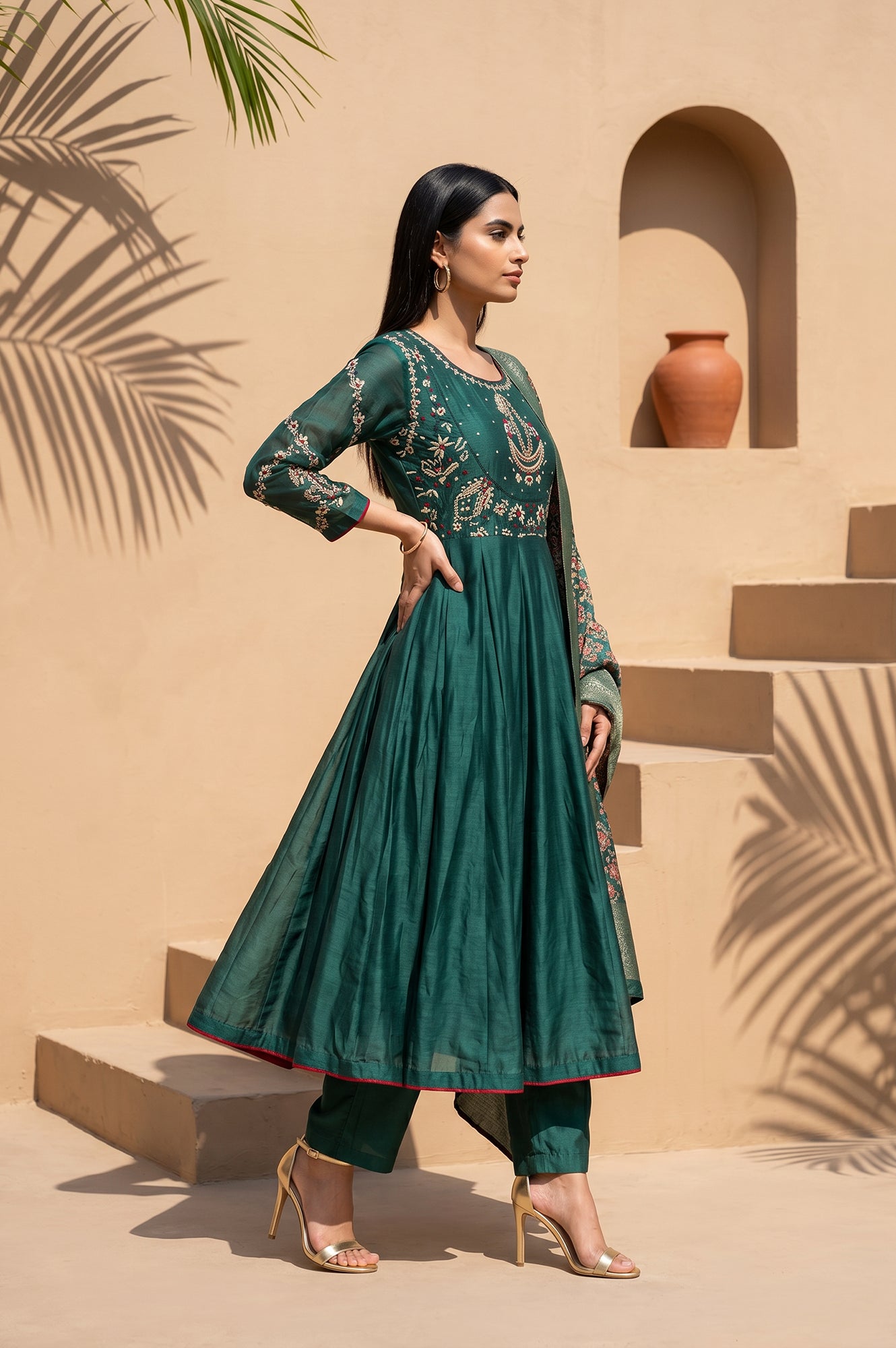 Green Thread Embroidered Cotton Silk Flared Kurta With Pants and Dupatta Set