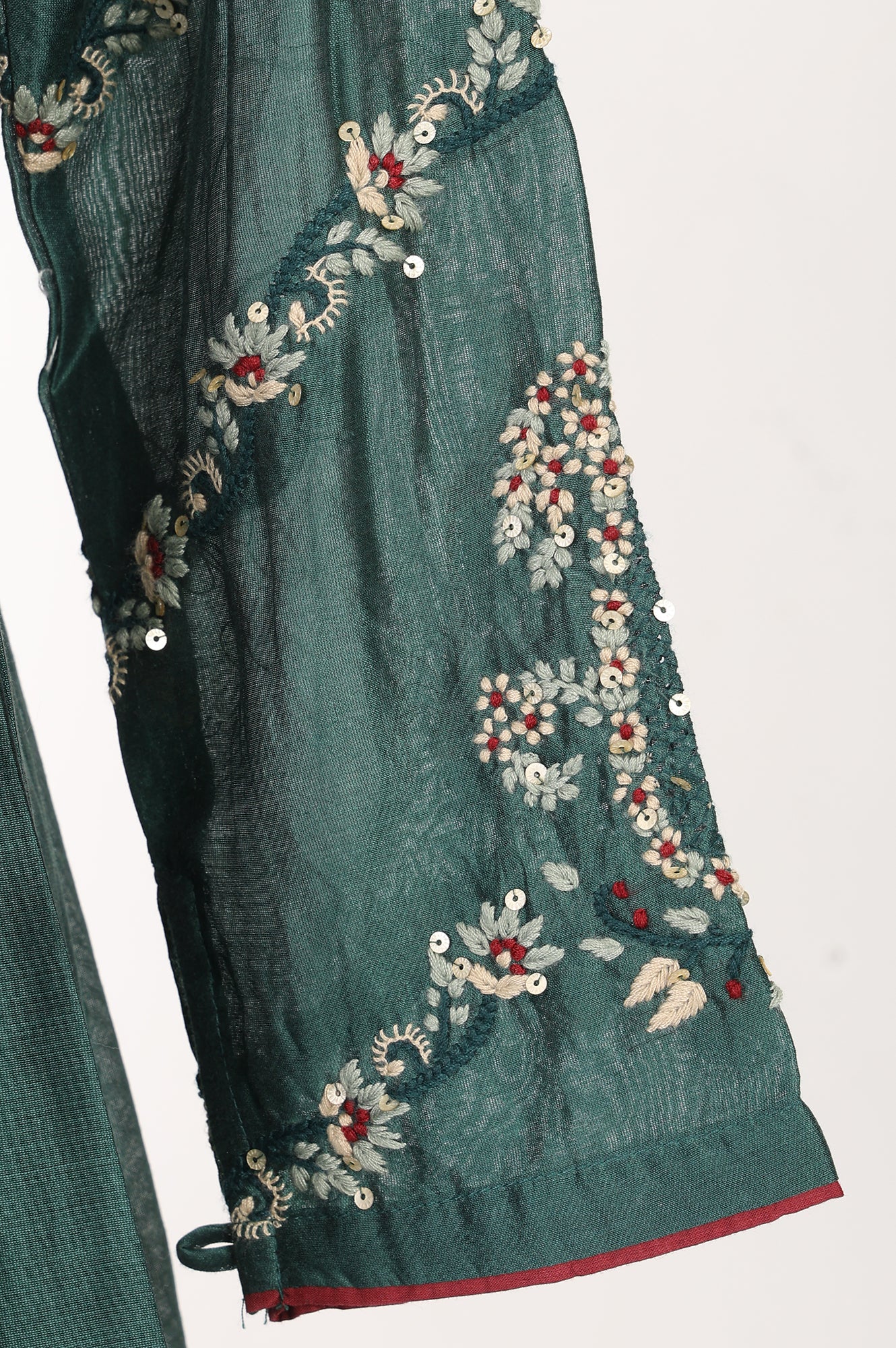 Green Thread Embroidered Cotton Silk Flared Kurta With Pants and Dupatta Set